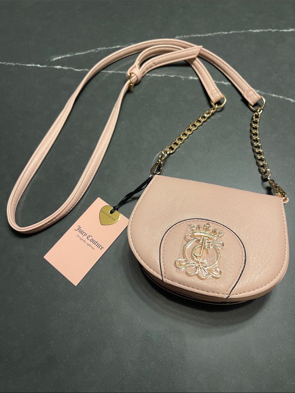 Juicy Couture Pale Pink Crossbody Saddle Bag with Gold Hardware